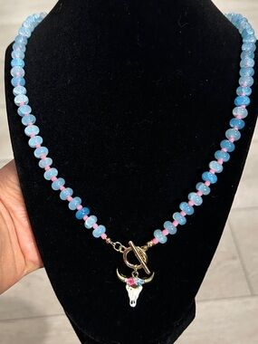 Beaded Blue and Pink Bull Skull Pendant Necklace 22in length